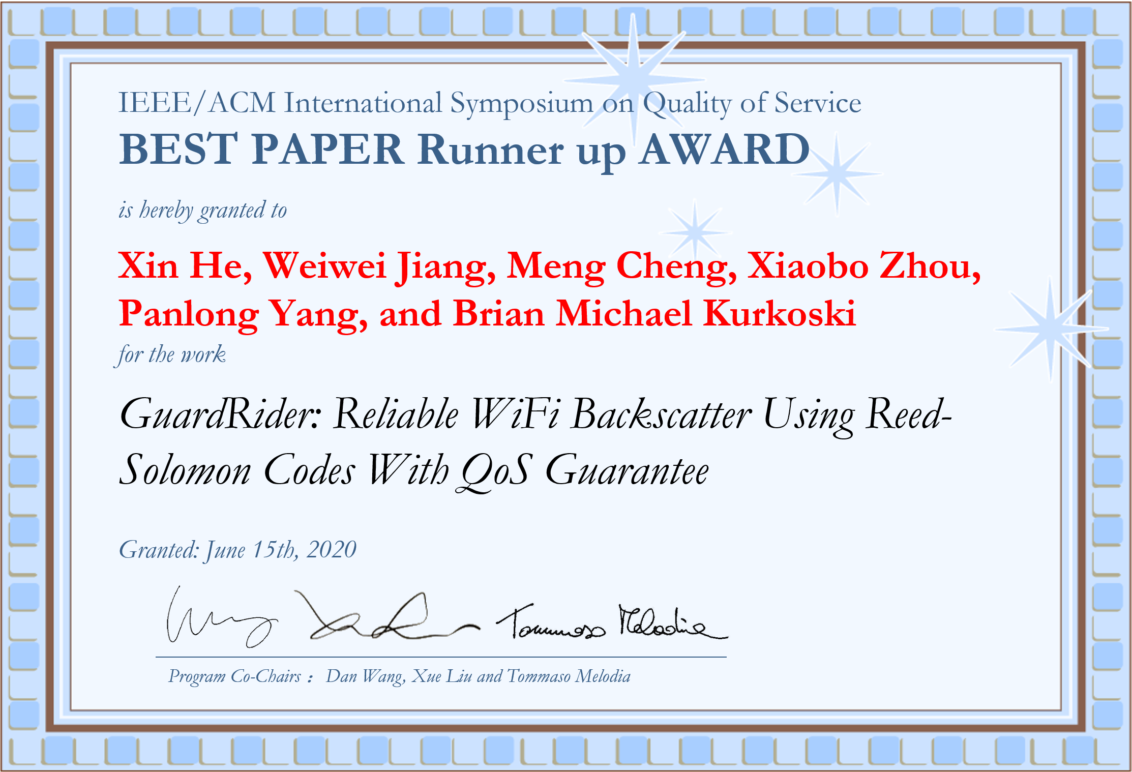 我实验室何昕老师、杨盘隆老师合作论文获得IEEE/ACM International Symposium on Quality of